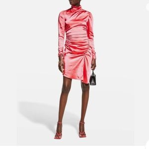 A.L.C. JOSS Dress MockNeck Satin Ruched Long Sleeve in Hibiscus Sz 4